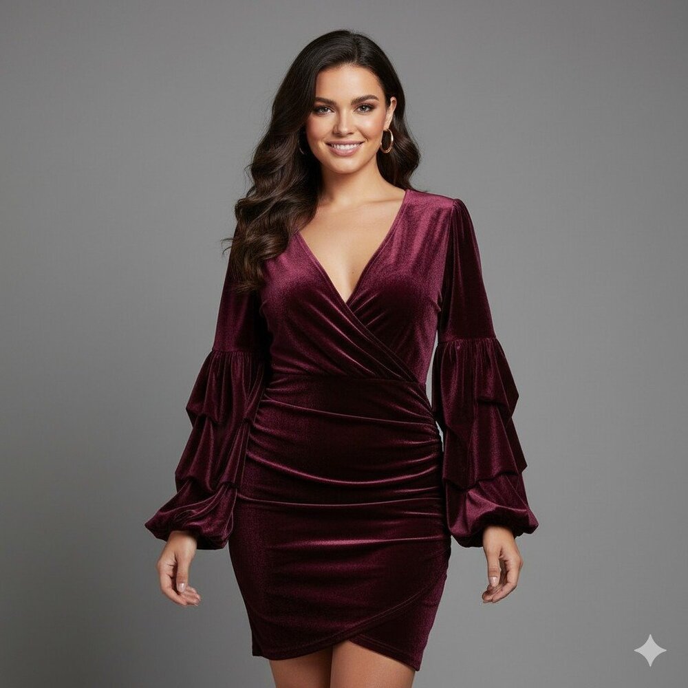 SHEIN Curve Burgundy Red Velvet Dress Oversized Sleeves Glam Sexy Cocktail 3XL